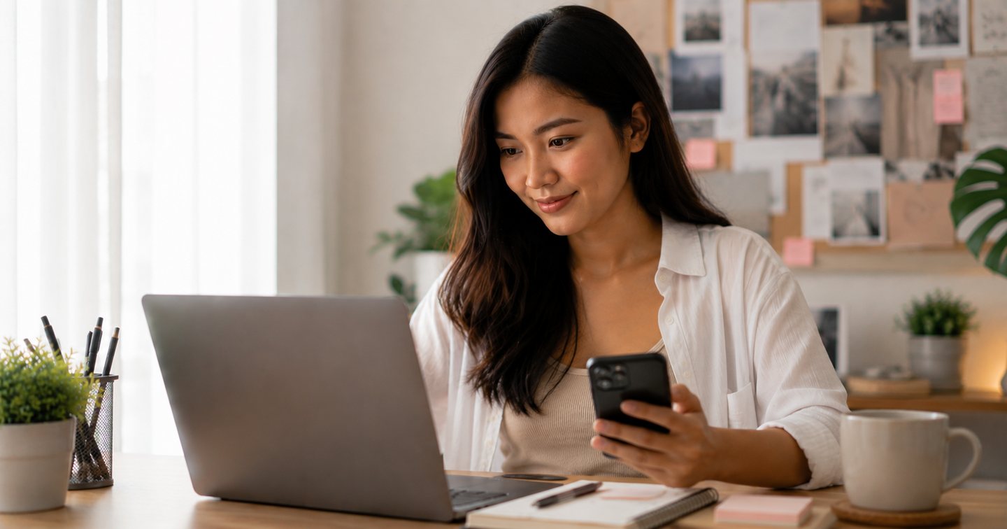 Mia managing social media clients from her laptop