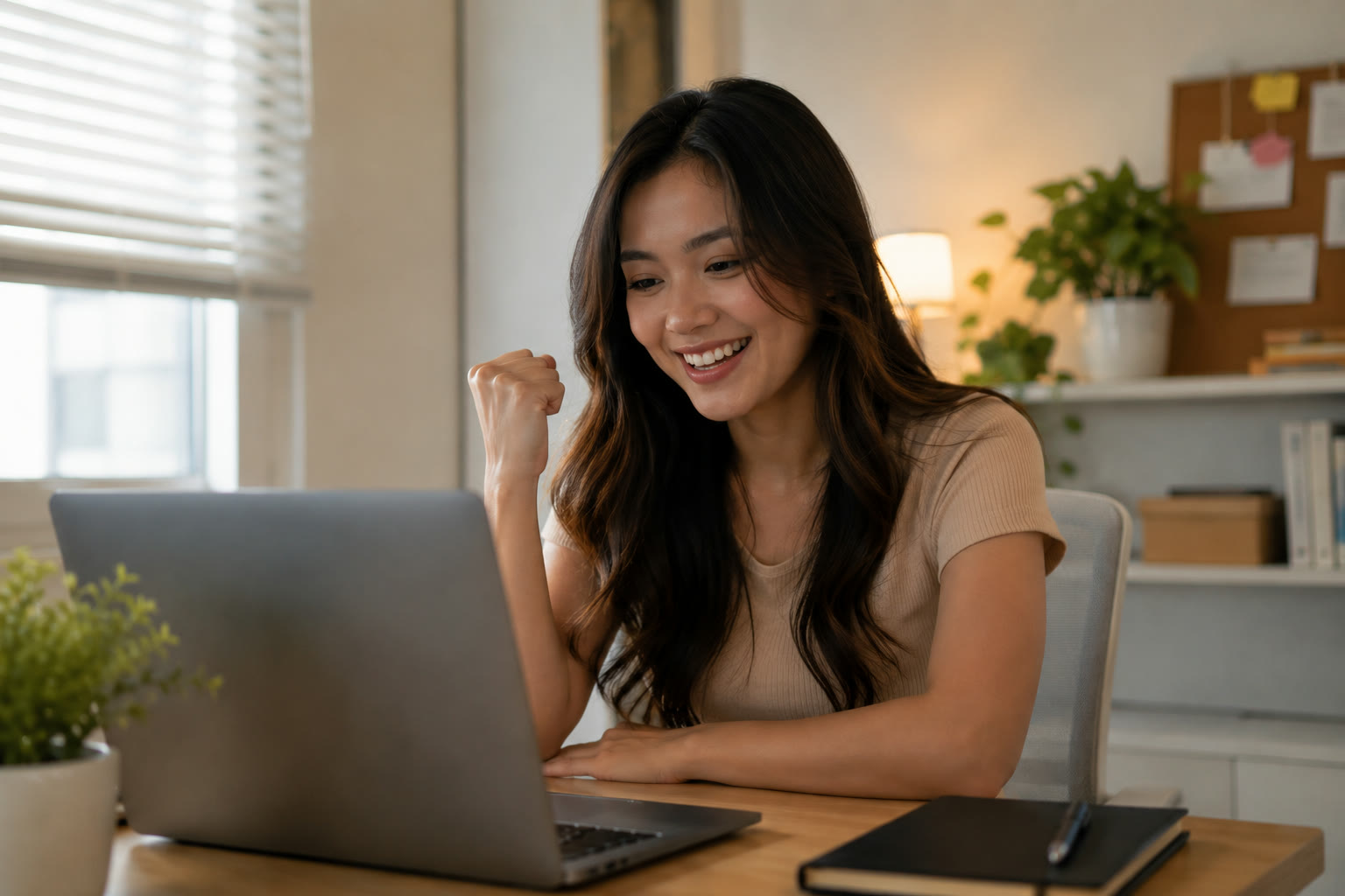 Mia at her desk, laptop open, researching businesses online.