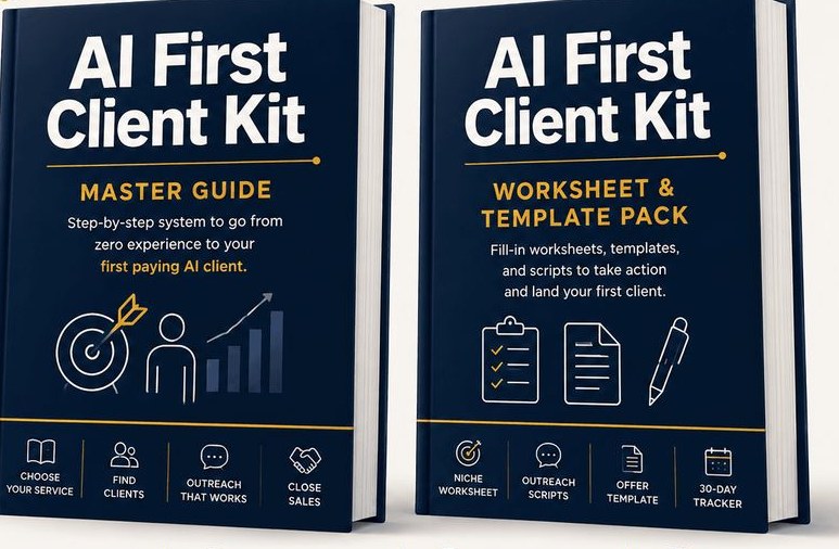 AI First Client Kit — the Master Guide and the Worksheet & Template Pack, two PDFs